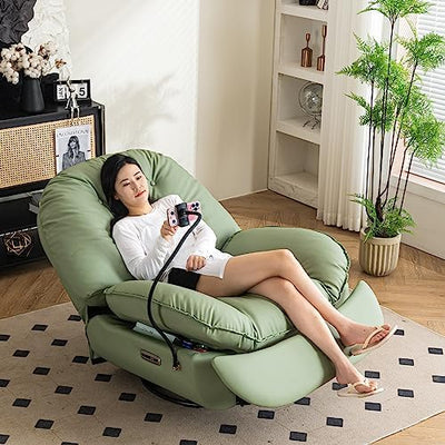 Extra grote elektrische relaxfauteuil, 360 graden draaibare schommelstoel met glijders voor volwassenen, moderne ergonomische loungestoel, woonkamer met telefoonstandaard en slimme spraakbesturing, theaterzitplaatsen