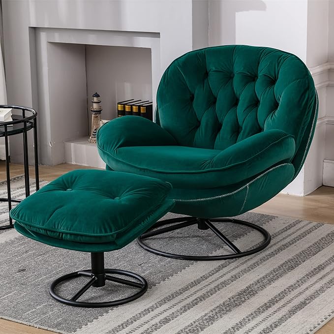 Baysitone Velvet Swivel Accent Chair with Ottoman Set, Modern Lounge Chair with Footrest, Comfy Armchair with 360 Degree Swiveling for Living Room, Bedroom, Reading Room, Home Office